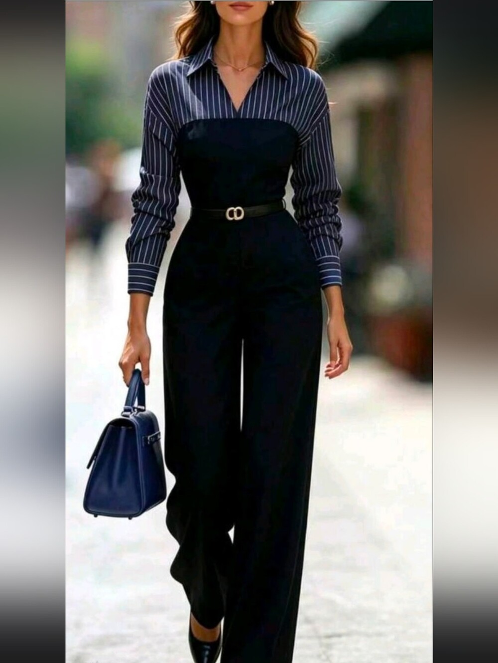 Women's Black Wide-Leg Jumpsuit with Pinstripe Top